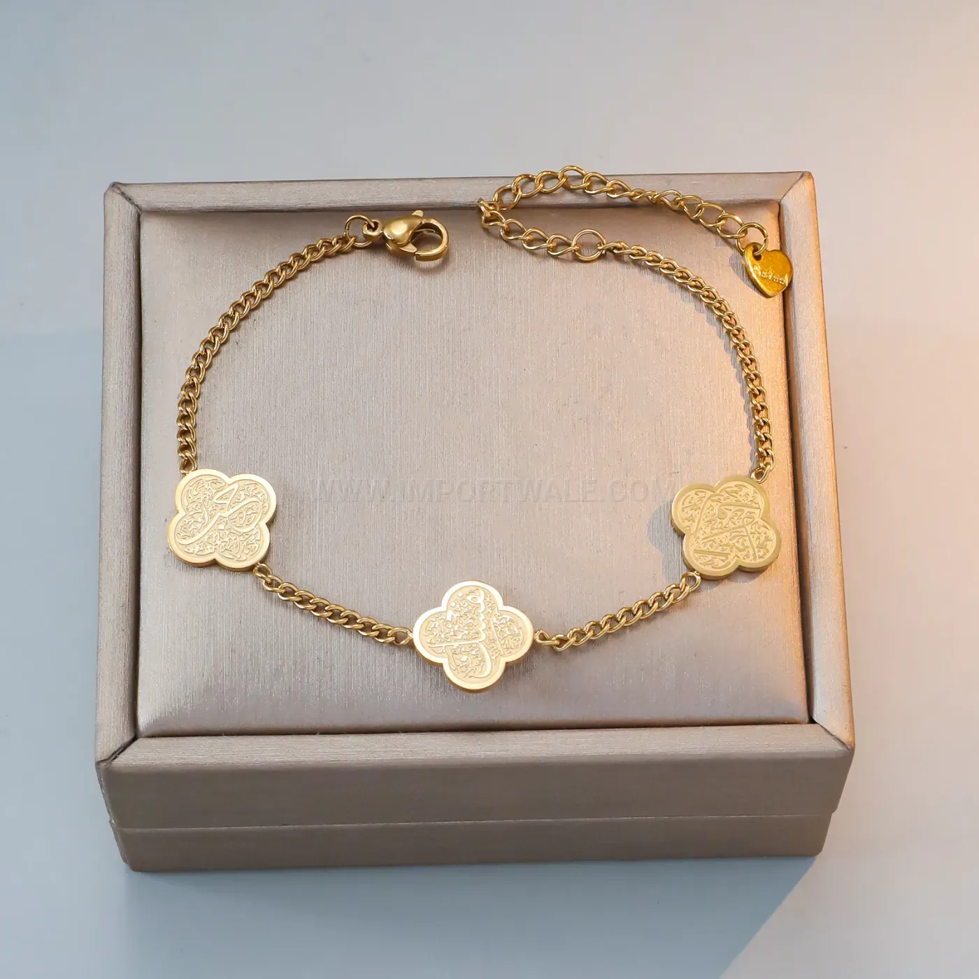Arabic Script Clover Pendant Stainless Steel Islamic Chain Bracelet