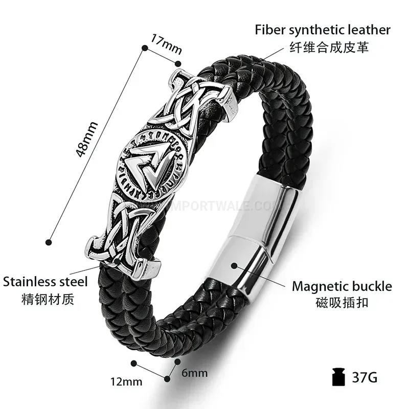 Trendy Geometric Engraved Triangle Stainless Steel Two-Tone Leather Bracelet