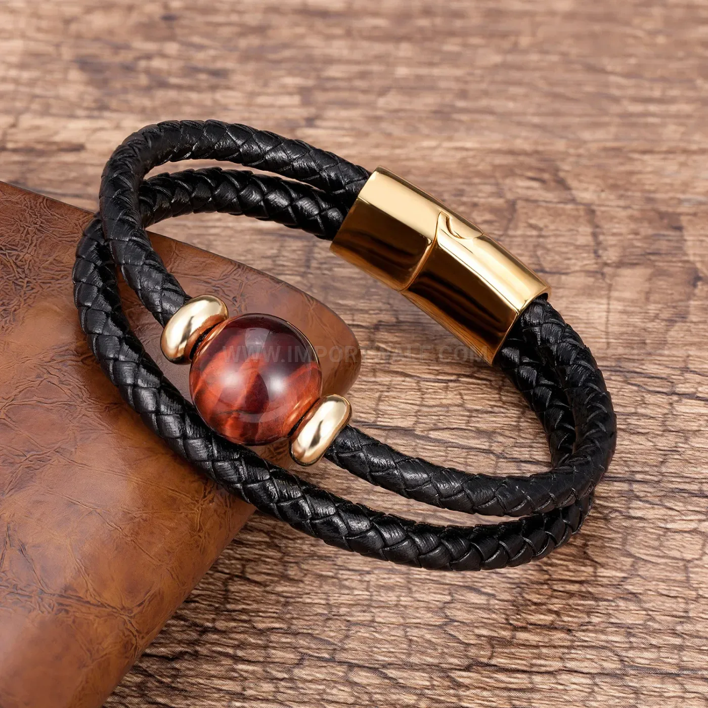 Double Braided Leather Round Stone Bracelet Stainless Steel Clasp