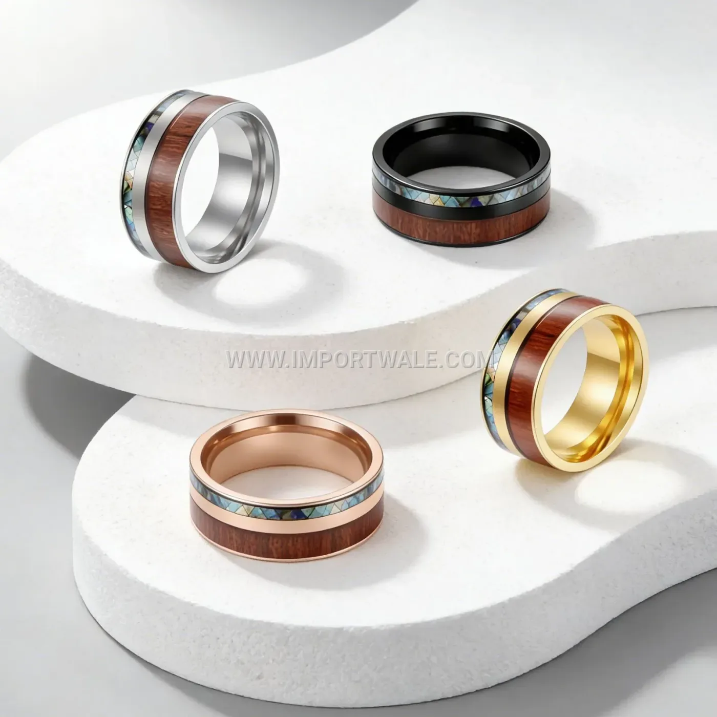 Wood Grain Abalone Shell Inlay Stainless Steel Ring