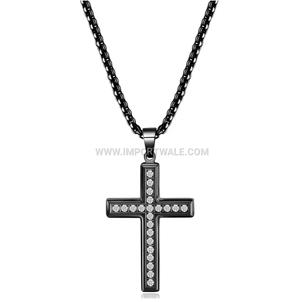 Rhinestone Embellished Stainless Steel Cross Pendant Necklace