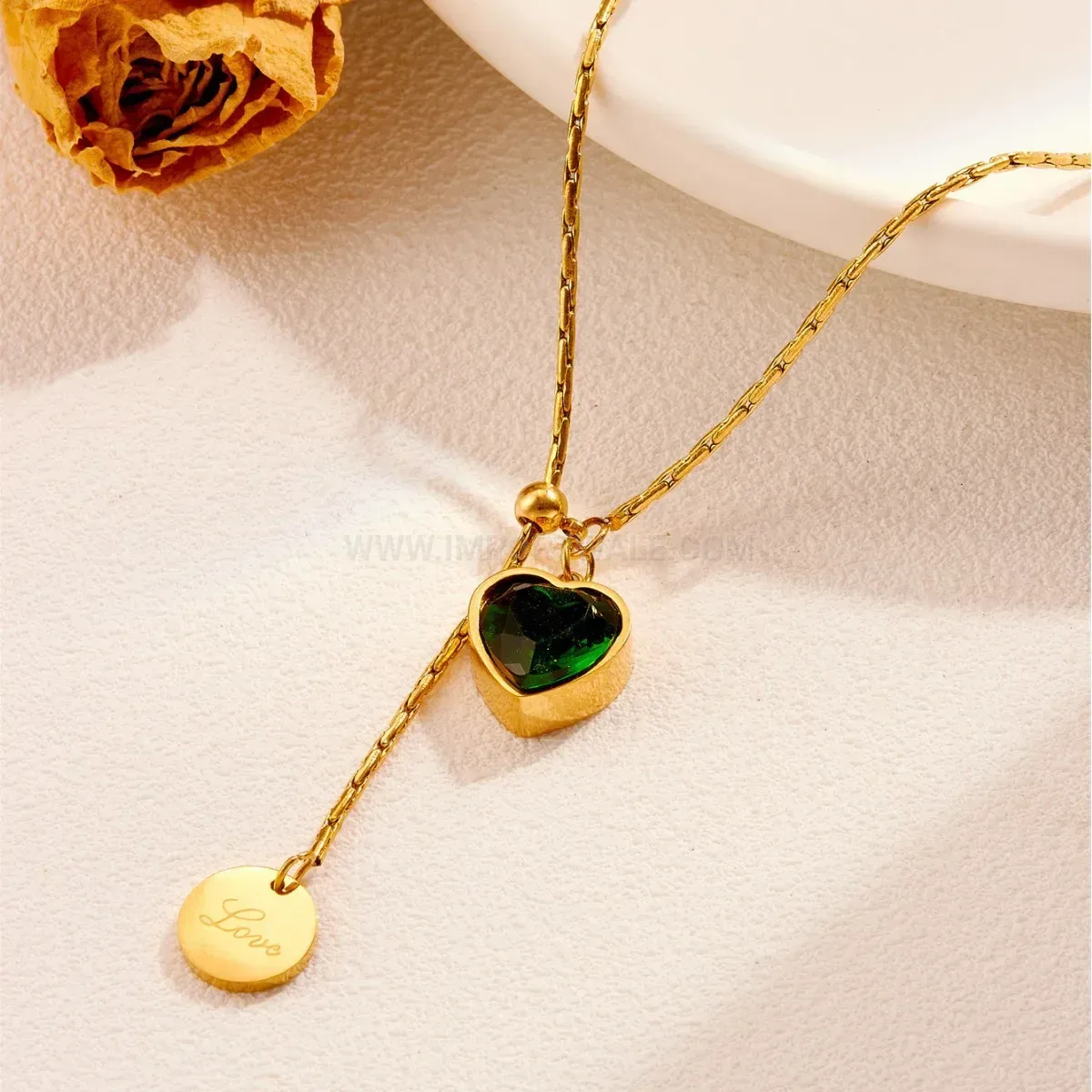 Premium Adjustable Gold Titanium Steel Heart Necklace with Emerald Zircon