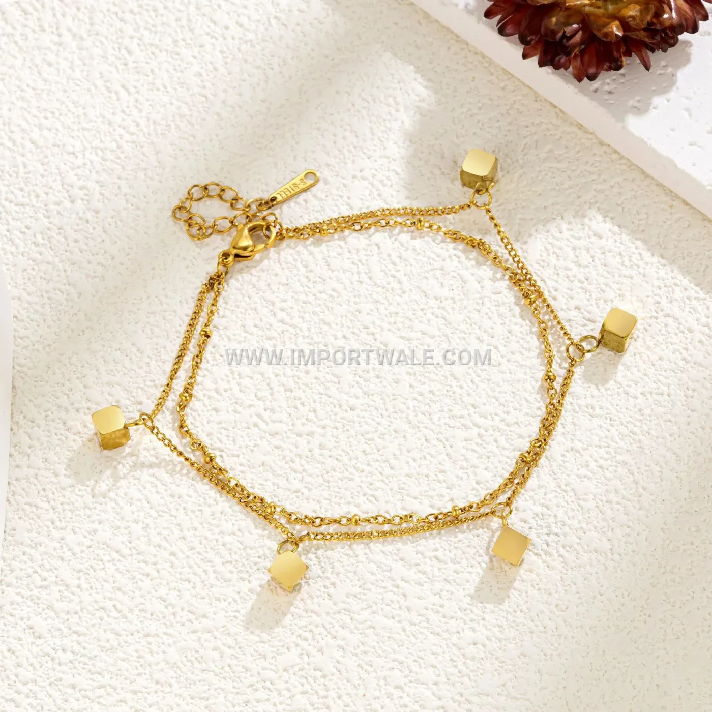 Double Layer Geometric Cube Stainless Steel Anklet Gold