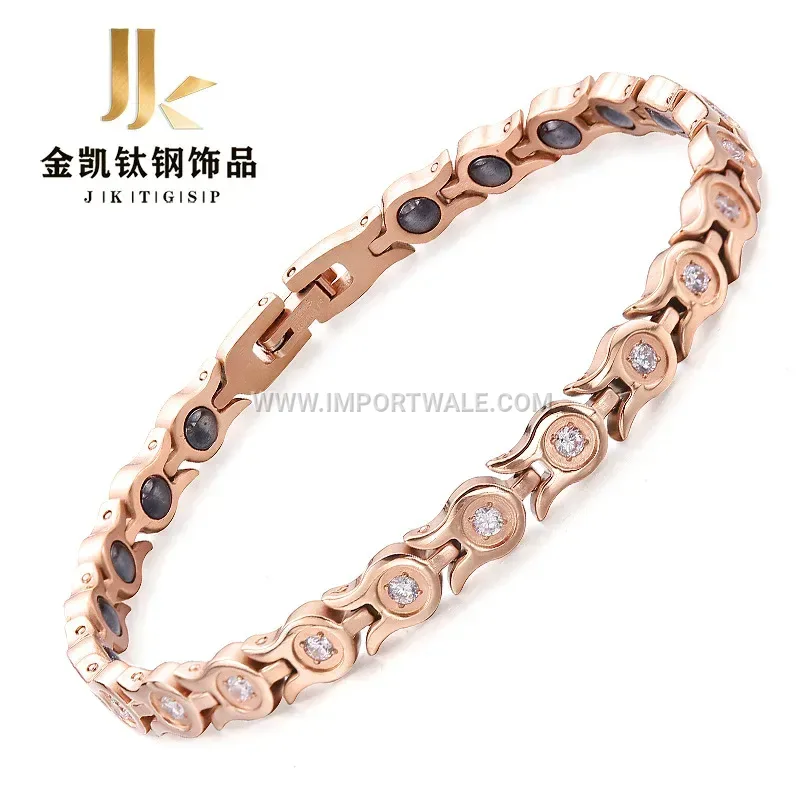 Rose Gold Titanium Steel Rhinestone Magnetic Energy Bracelet