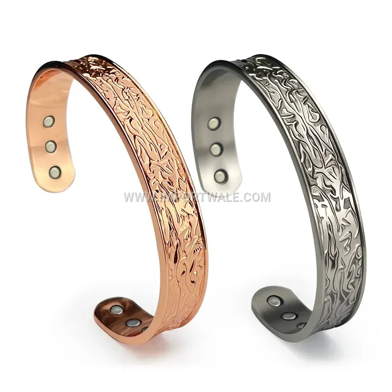 Textured Tree Bark Copper Magnetic Open Bangle Bracelet