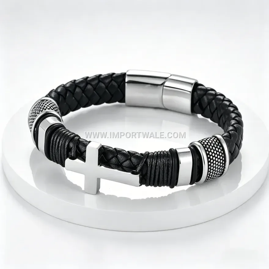 Men's Braided Leather Cross Element Magnetic Clasp Bracelet