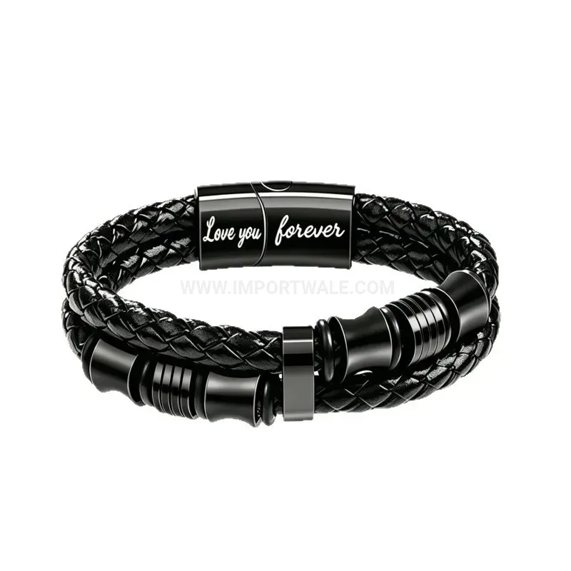 Premium Men Woven Leather Magnetic Bracelet With Engraved Sentiment Card