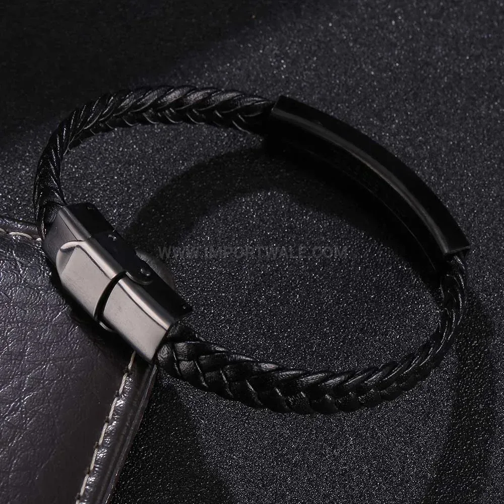 Vintage Black Braided Leather Stainless Steel Men's Bracelet