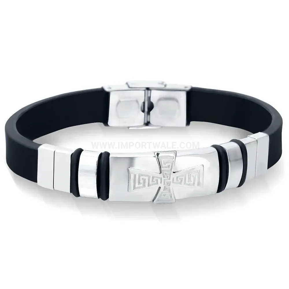 Men's Titanium Steel and Silicone Cross Motif Bangle Bracelet