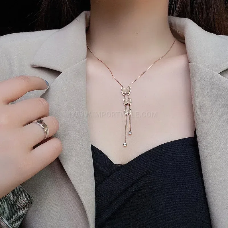 Stylish 3D Butterfly Tassel Pendant Titanium Steel Necklace