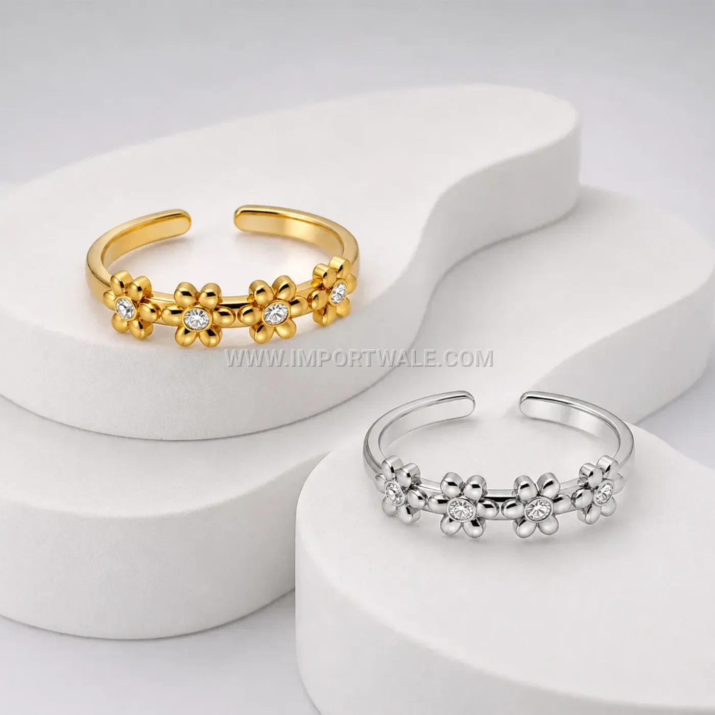 Adjustable Stainless Steel Floral Open Ring with Rhinestone Accents