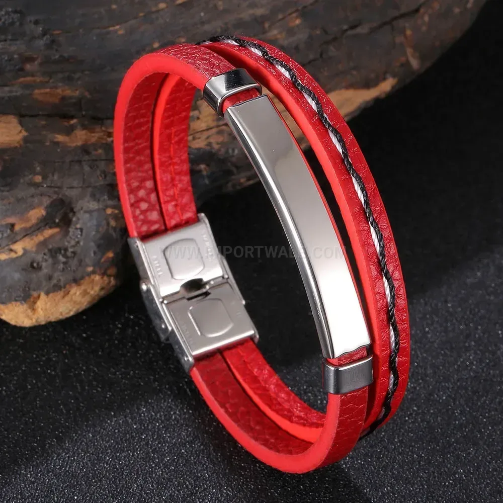 Braided Red Leather Bracelet with Curved Stainless Steel Bar