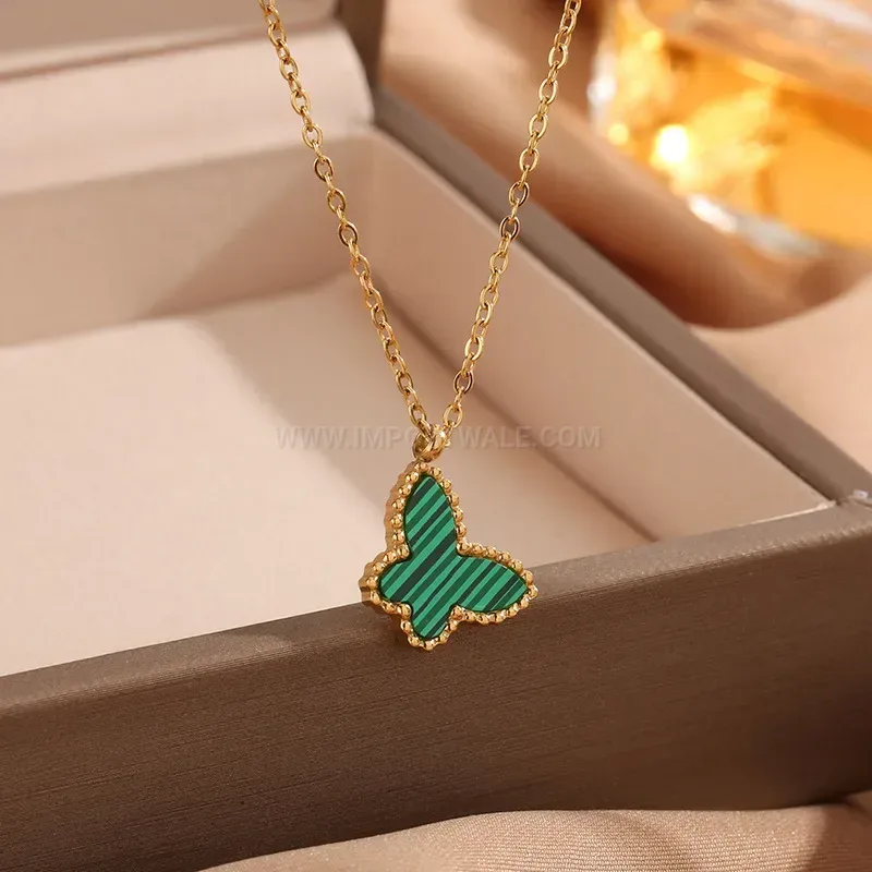 Mother of Pearl Butterfly Pendant Titanium Steel Chain Necklace