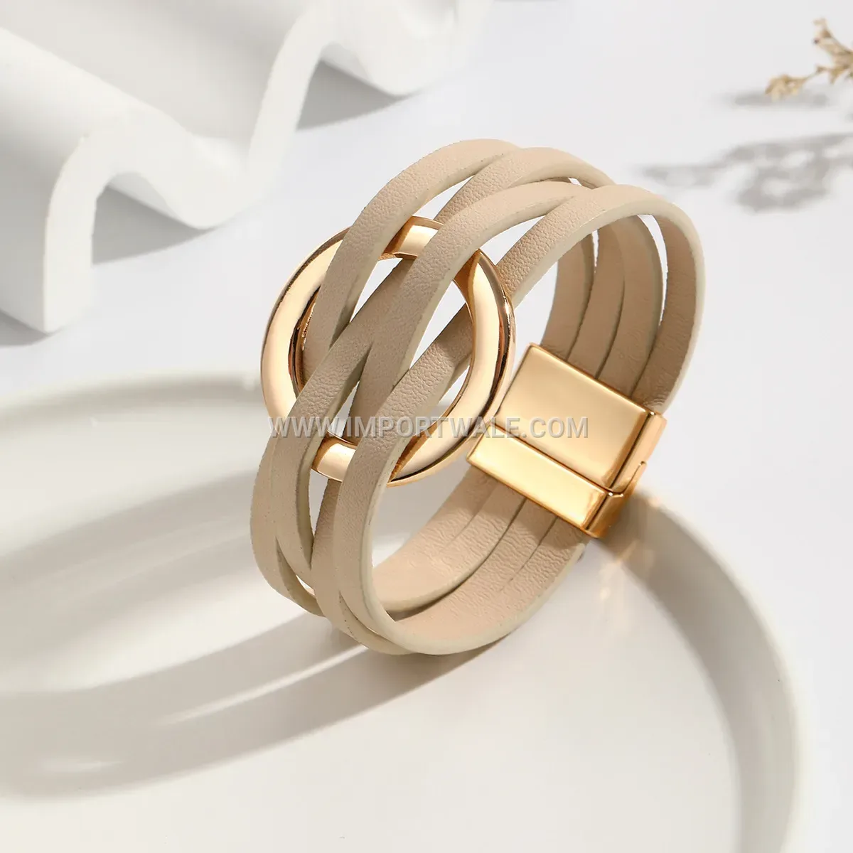 Layered Alloy and Leather Cuff Bracelet with O-Ring Clasp