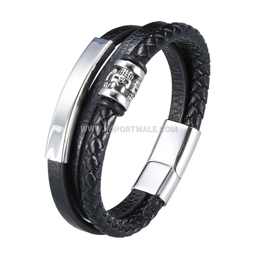 Multi Layer Braided Genuine Leather Wristband with Steel Clasp