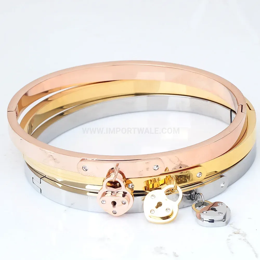 Bold Stainless Steel Rhinestone Heart Lock Bangle Bracelet