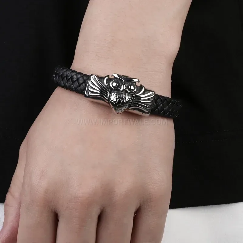 Modern Detailed Owl Charm Stainless Steel Leather Wristlet Bracelet