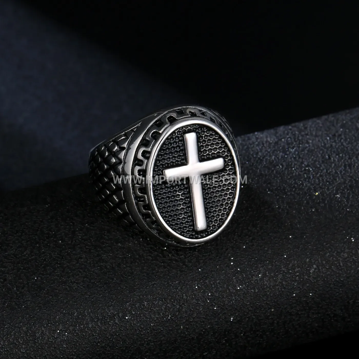 Gothic Cross Stainless Steel Signet Ring with Shell Accent