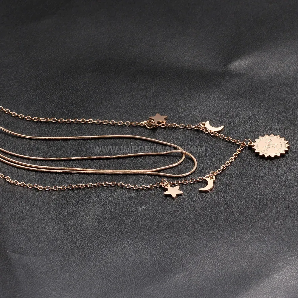 Layered Stainless Steel Celestial Sun Moon Star Pendant Necklace