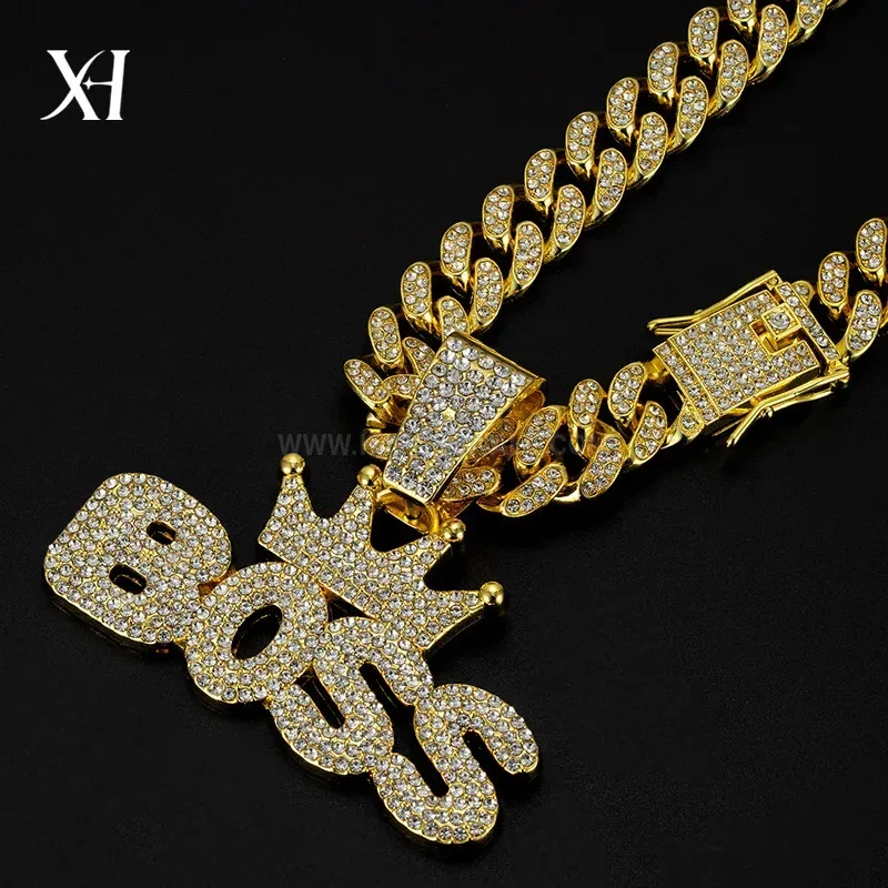 Rhinestone Crown Boss Alloy Hip Hop Pendant Necklace
