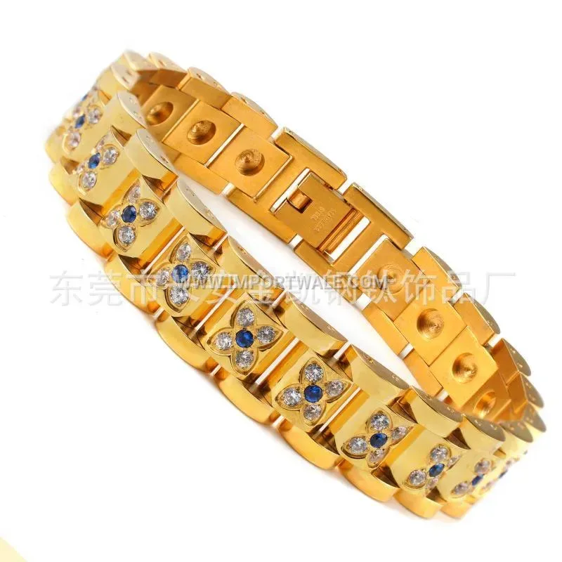 Rhinestone Floral Titanium Steel Magnetic Couple Bracelet