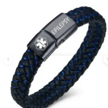 Bold Medical Alert Blue Leather Bracelet with Stainless Steel Magnetic Clasp