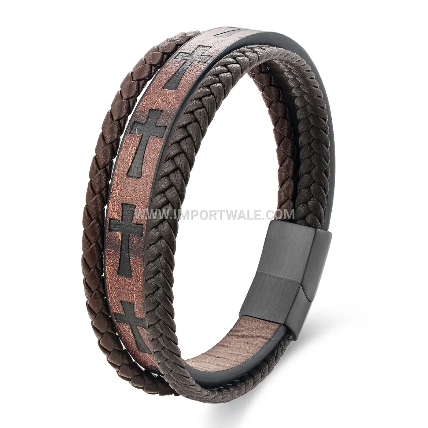 Layered Braided Leather Cross Bracelet With Magnetic Buckle