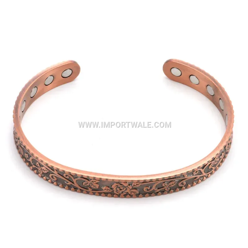 Vintage Rose Engraved Pure Copper Adjustable Magnetic Cuff Bracelet