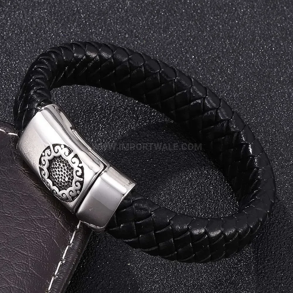 Vintage Black Leather Bracelet with Stainless Steel Magnetic Clasp
