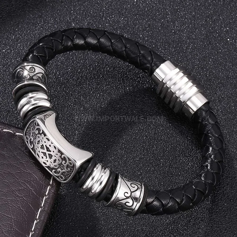 Patterned Braided Leather Magnetic Cuff with Stainless Steel Details