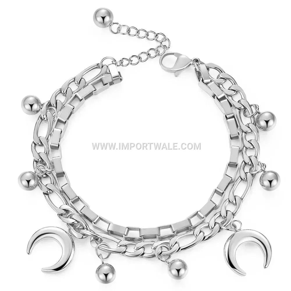 Double Layer Stainless Steel Cuban Chain Bracelet with Moon Charm