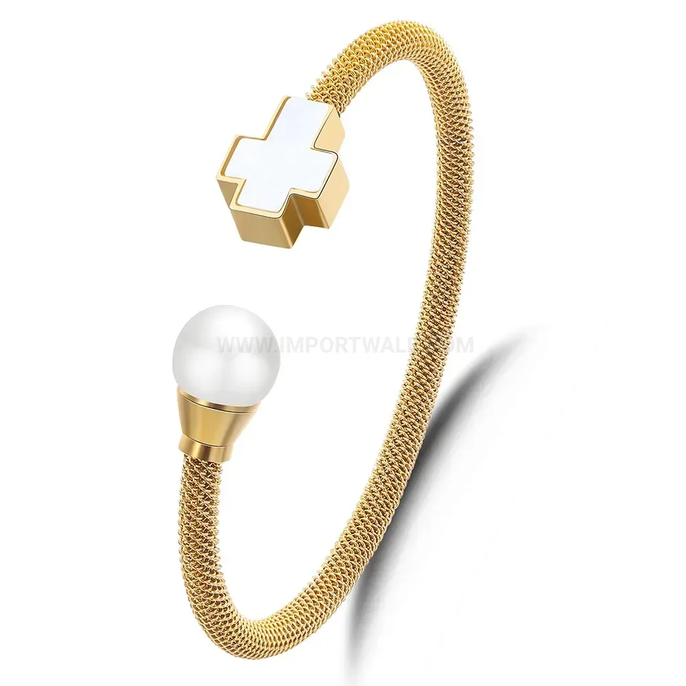 Elegant Stainless Steel Cable Bangle Bracelet with Pearl and Cross Details