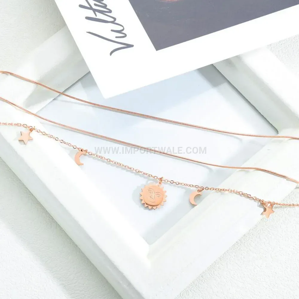 Layered Stainless Steel Celestial Sun Moon Star Pendant Necklace
