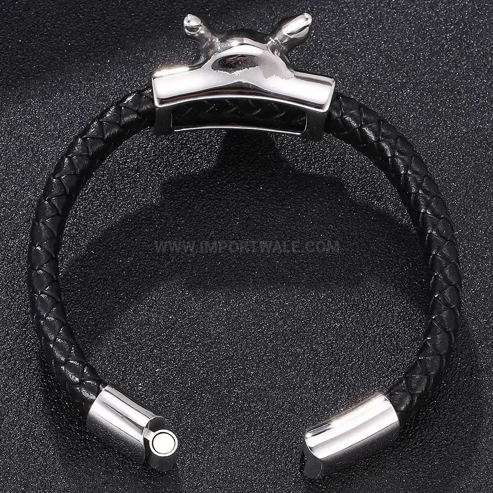 Trendy Genuine Leather Bracelet with Stainless Steel Fox Magnetic Clasp