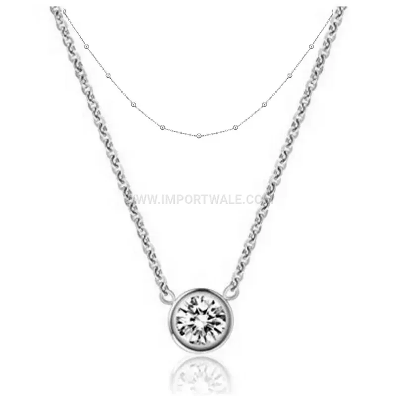 Double Layer Stainless Steel Solitaire Crystal Pendant Layered Necklace