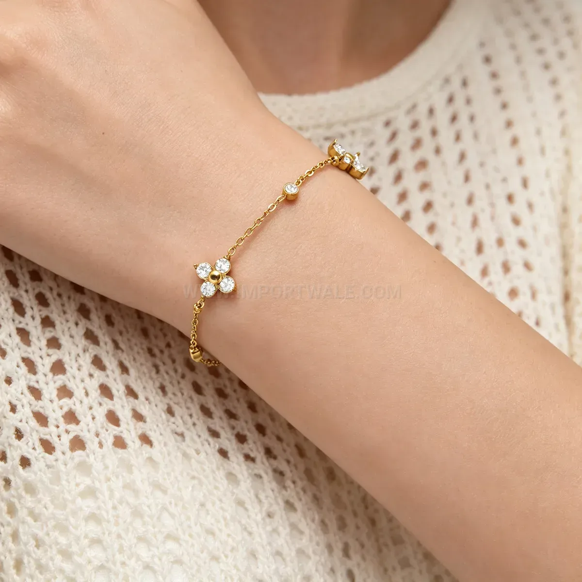 Gold Plated Stainless Steel Four Leaf Clover Bracelet Set