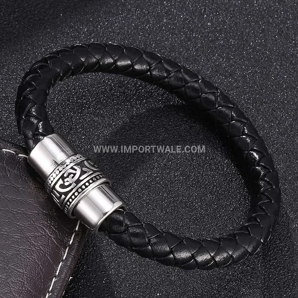 Vintage Braided Leather and Stainless Steel U-Shaped Men's Bracelet
