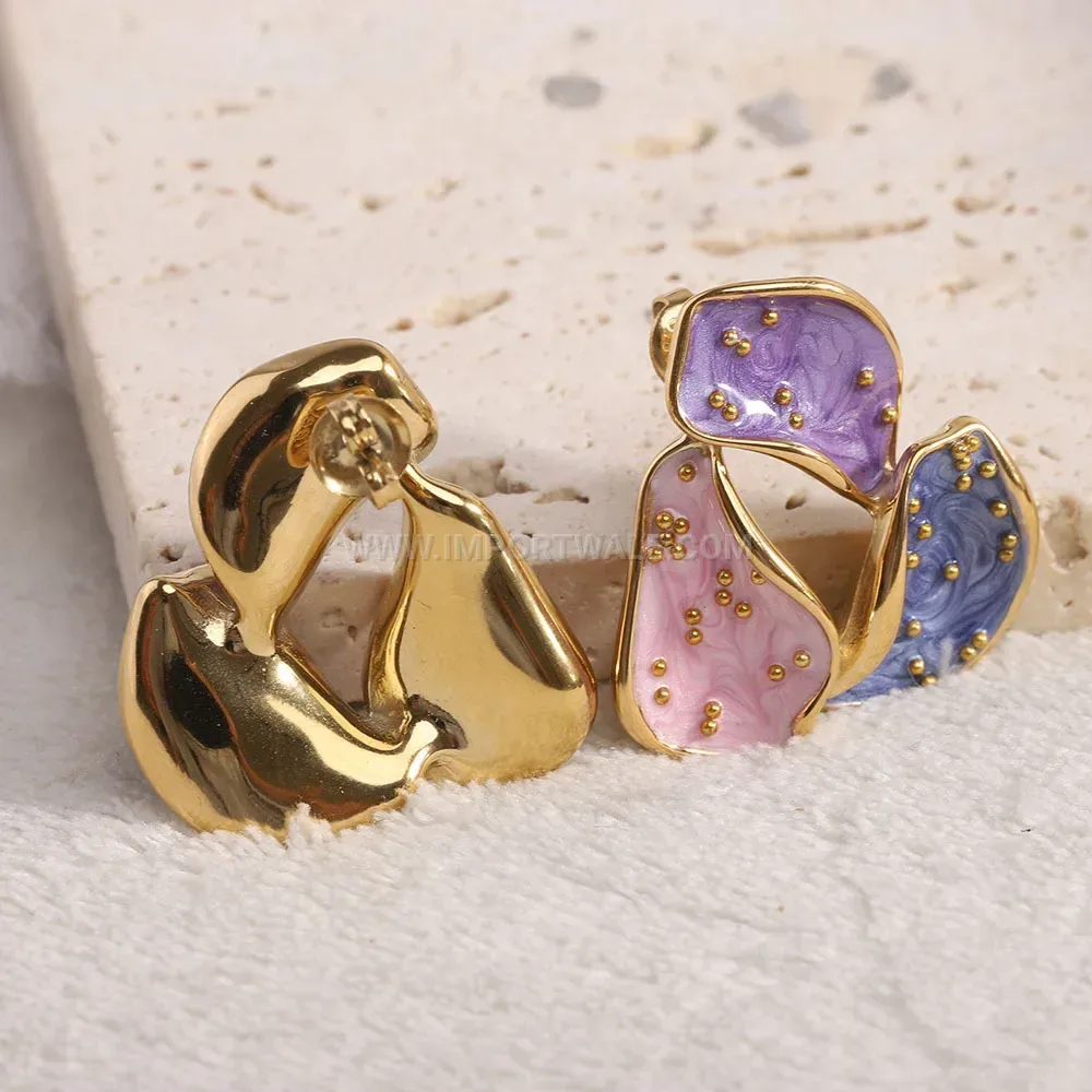 Vintage Enamel 14K Gold Plated Stainless Steel Drop Earrings 29mm