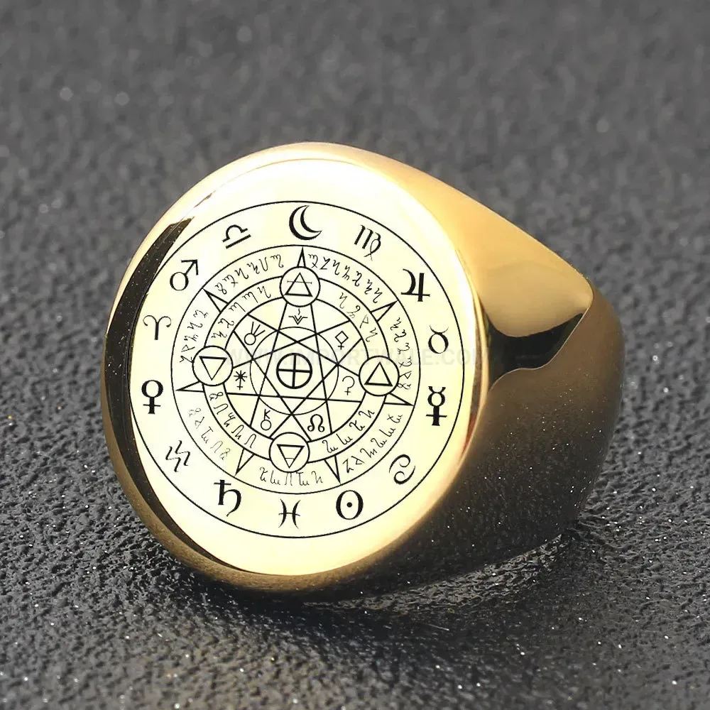 Elegant Engraved Zodiac Round Face Stainless Steel Band Ring