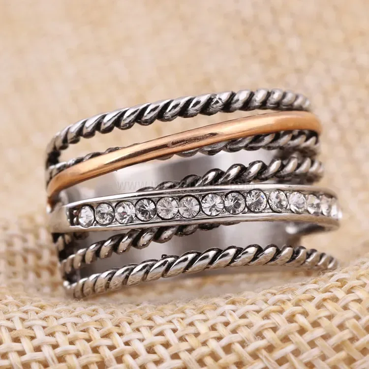 Classic Two Tone Rhinestone Titanium Steel Geometric Ring