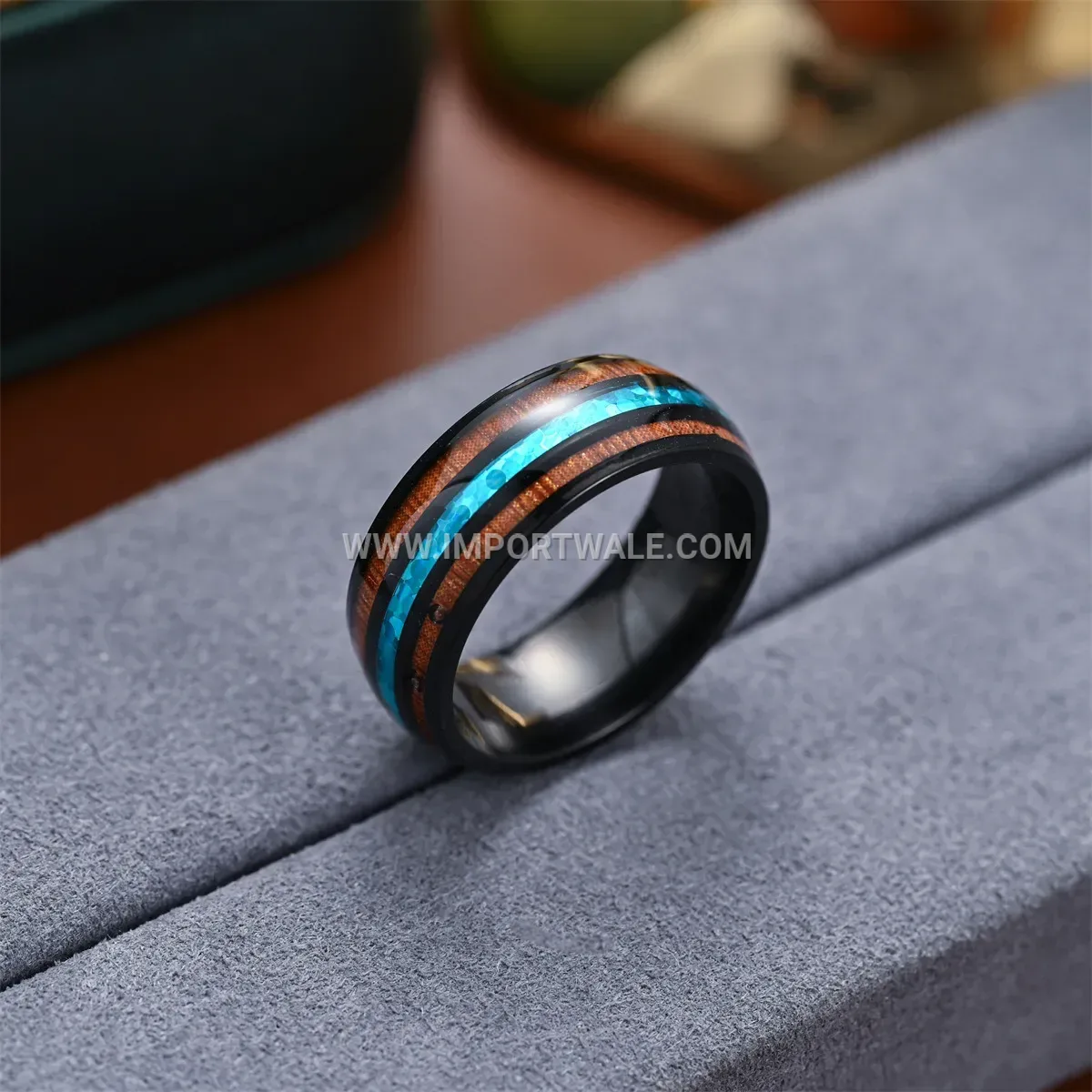 Stainless Steel Acacia Wood Shell Inlay Band Ring