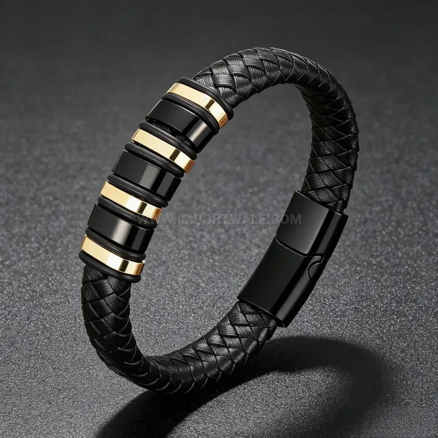 Elegant Braided Faux Leather Wristband Bracelet with Alloy Magnetic Closure