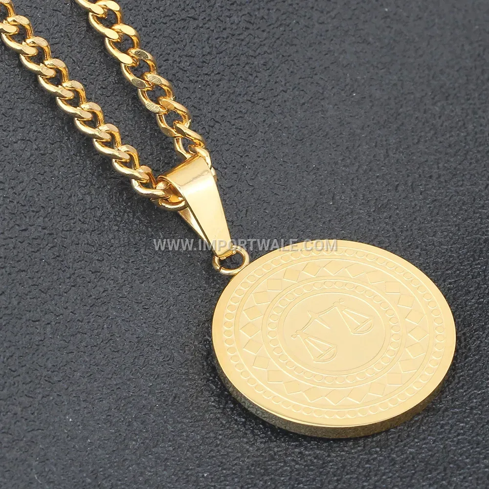 Gold Plated Stainless Steel Round Libra Zodiac Pendant Necklace