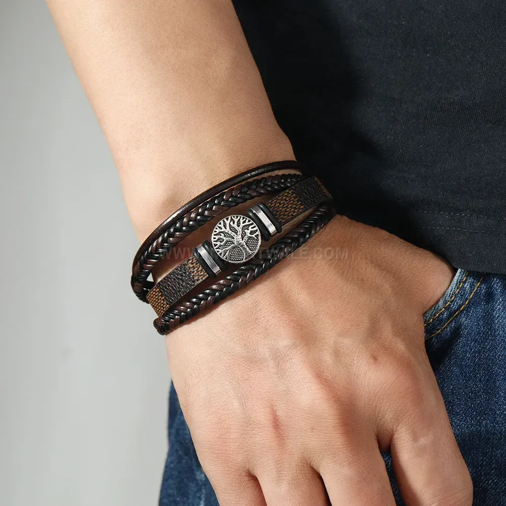 Modern Multi-Layer Braided Tree of Life Leather Wristband
