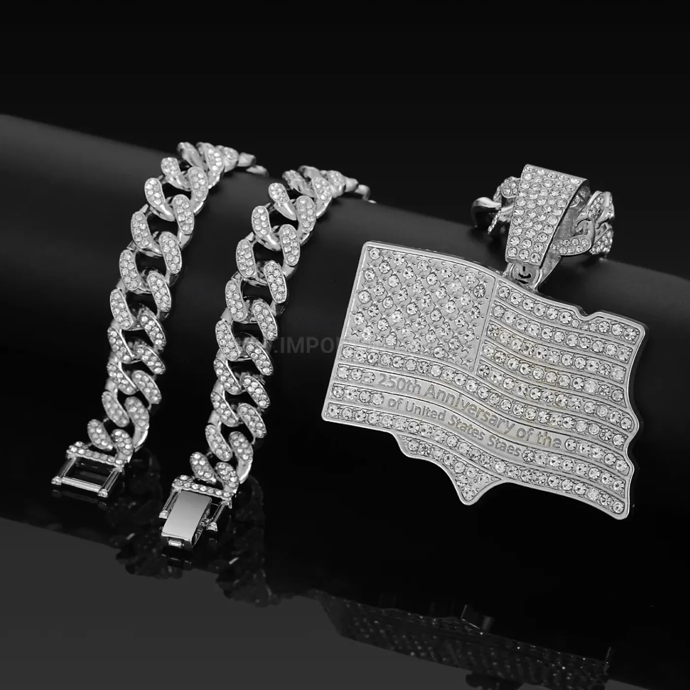 Fashion Rhinestone US Flag Star Letter Pendant Cuban Chain Necklace