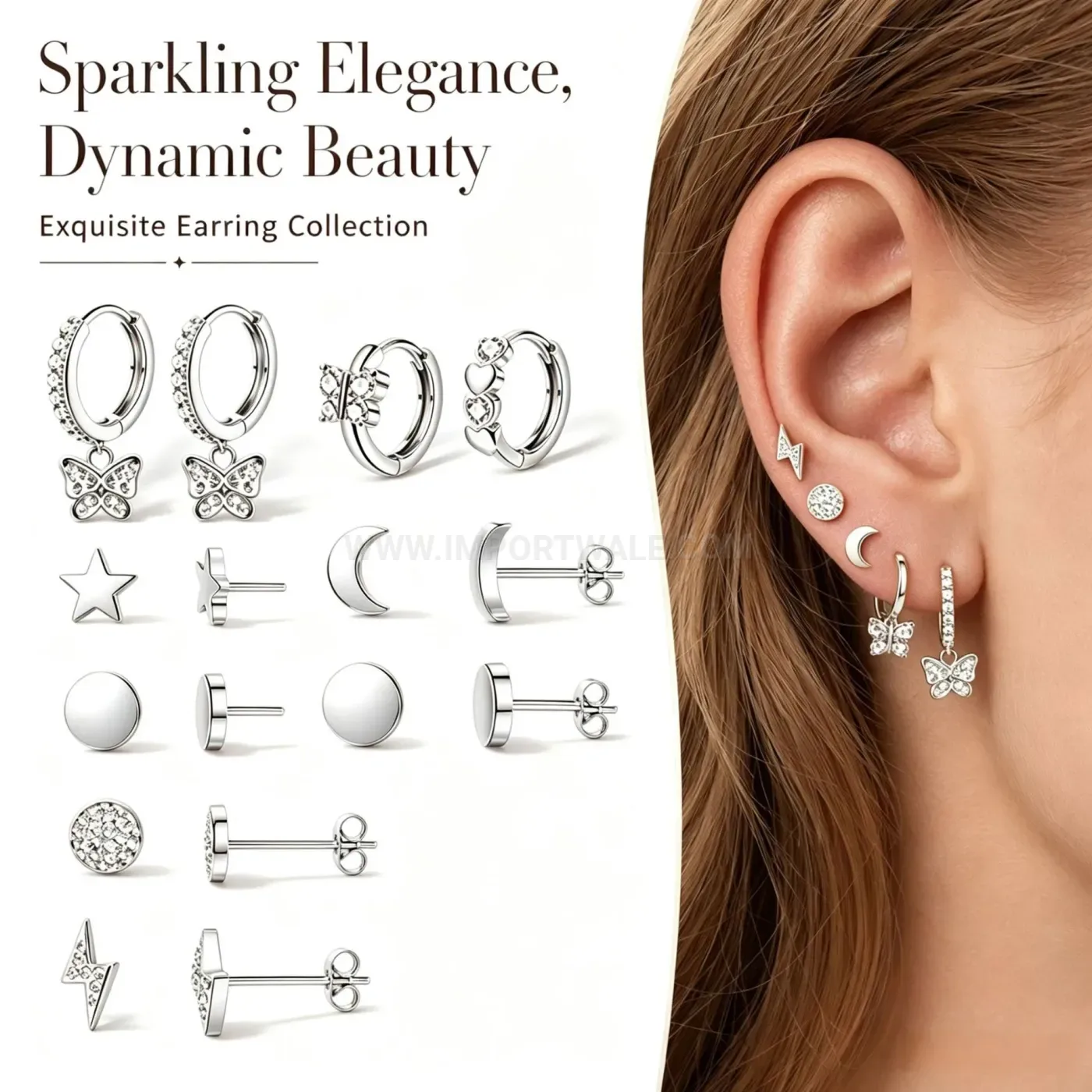 Classic Stainless Steel Rhinestone Heart Butterfly Earring Set