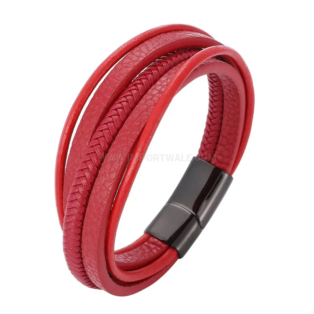 Red Woven Leather Bracelet with Stainless Steel Magnetic Clasp