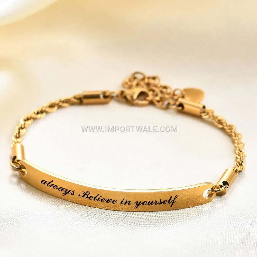 Adjustable Stainless Steel Curved Bar Bracelet with Engraved Quote