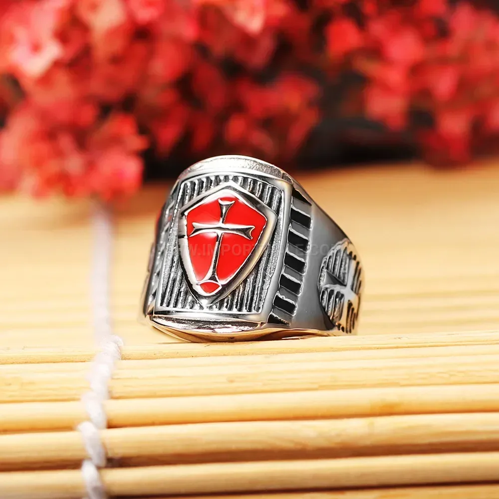 Modern Vintage Knights Templar Enamel Cross Stainless Steel Ring
