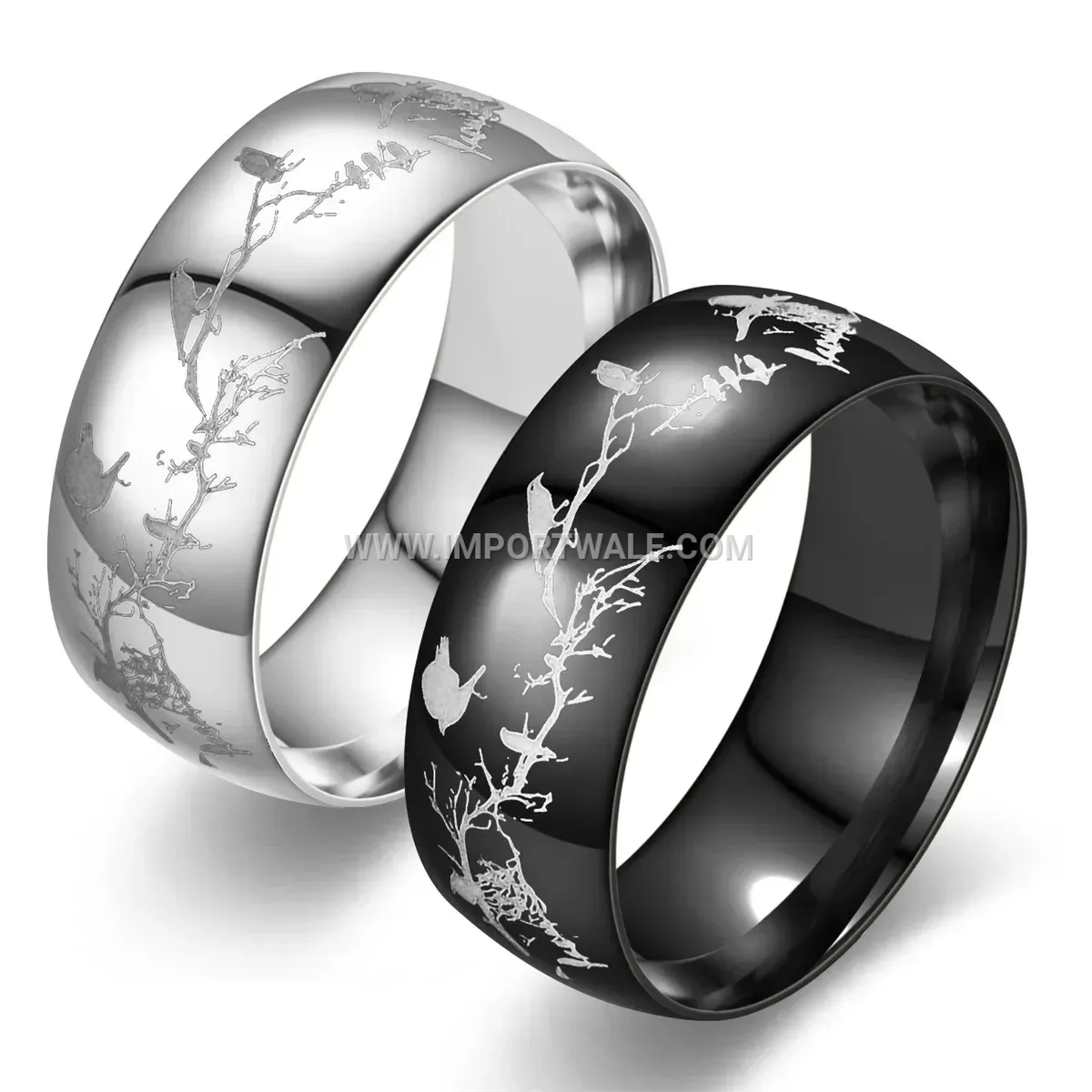 Stainless Steel Laser Engraved Bird Branch Band Ring